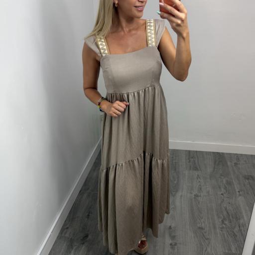 Vestido Midi Atenea Boho Chic con Tirantes Bordados  Taupe [0]