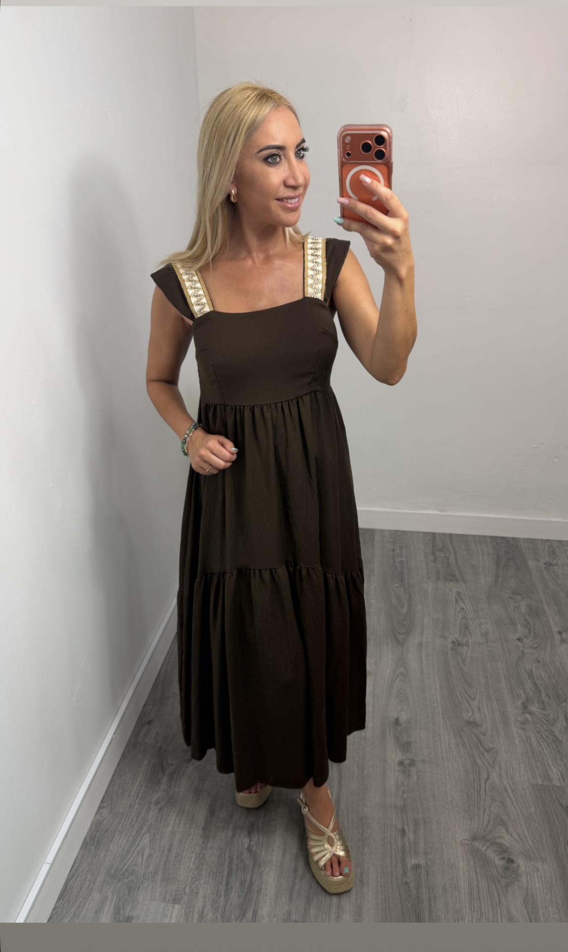 Vestido Midi Atenea Boho Chic con Tirantes Bordados Marrón