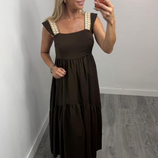 Vestido Midi Atenea  Boho Chic con Tirantes Bordados  Marrón 