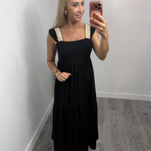 Vestido Midi Atenea  Boho Chic con Tirantes Bordados Negro [0]