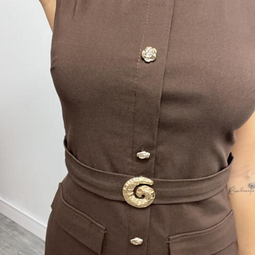 Vestido midi elegante con cinturón y botones para mujer Lay marrón [2]