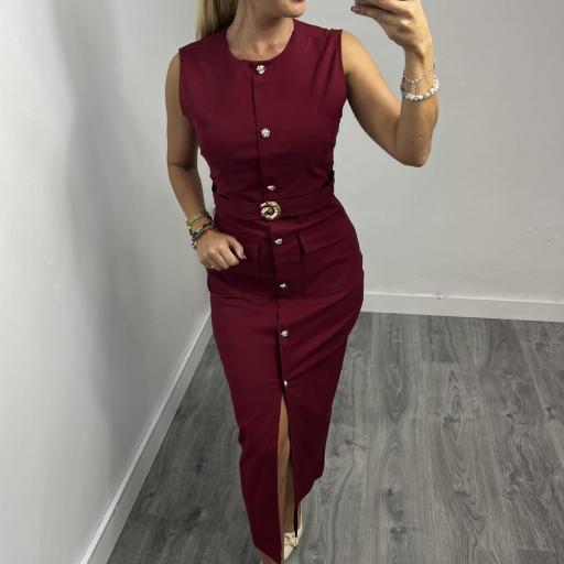 Vestido midi  elegante con cinturón y botones para mujer Lay Burdeos [0]