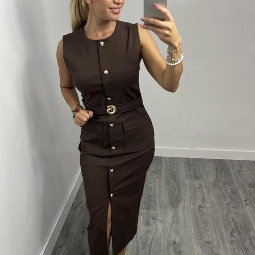 Vestido midi elegante con cinturón y botones para mujer Lay marrón [0]