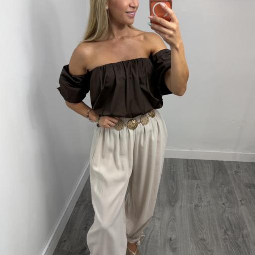 Blusa Marrón Off Shoulder con Manga Abullonada [0]