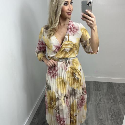 Vestido Midi Floral Elegante para Invitadas Amarillo