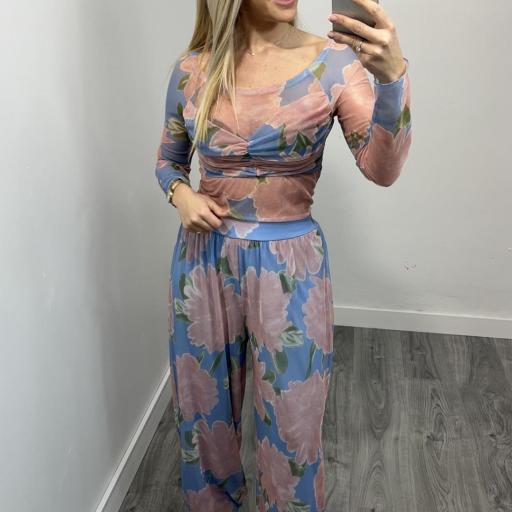 Conjunto Mujer Estampado Floral – Top + Pantalón Fluido Celeste