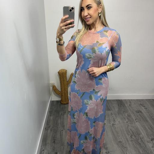 Vestido Largo Floral Elegante Mujer Celeste