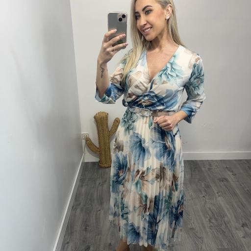 Vestido Midi Floral Elegante para Invitadas Azul