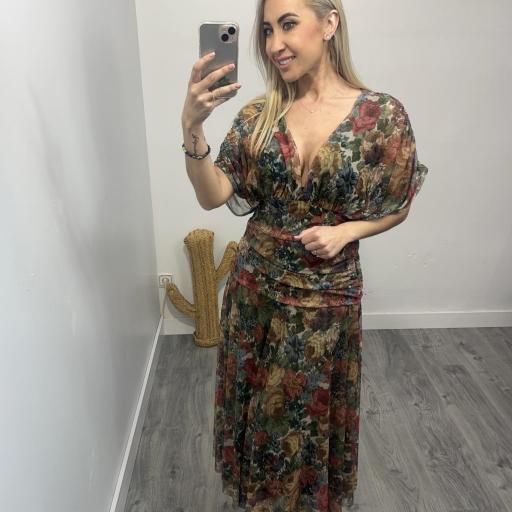 Vestido midi floral amarillo elegante Invitada Verde