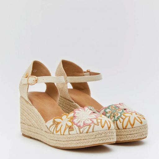 Sandalias de Cuña para Mujer Bleu con Diseño de Flores Beige