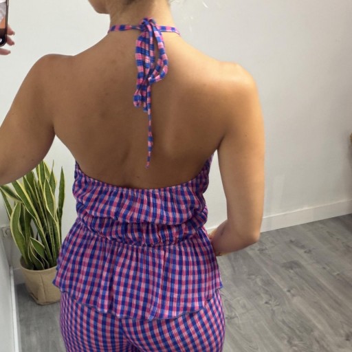 Conjunto Vichy Cure Mujer Fucsia | Top Halter y Pantalón Palazzo [1]