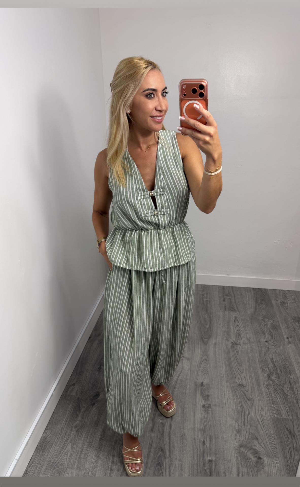 Conjunto Barbate de Rayas Mujer | Chaleco y Pantalón Fluido Kaki