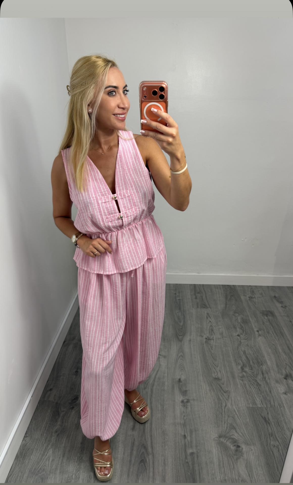 Conjunto Barbate de Rayas Mujer | Chaleco y Pantalón Fluido Rosa