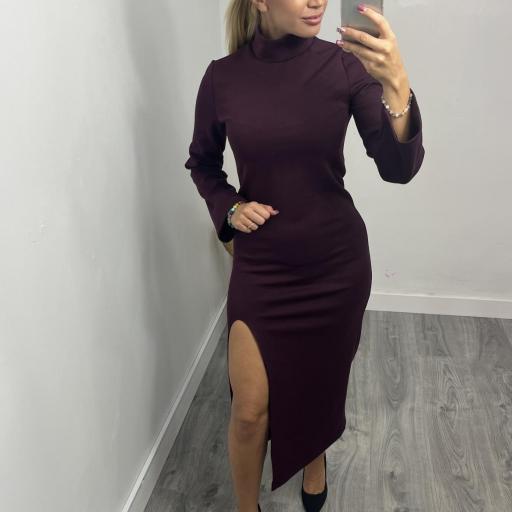 Vestido Midi Burdeos con Abertura Lateral y Cuello Alto [0]