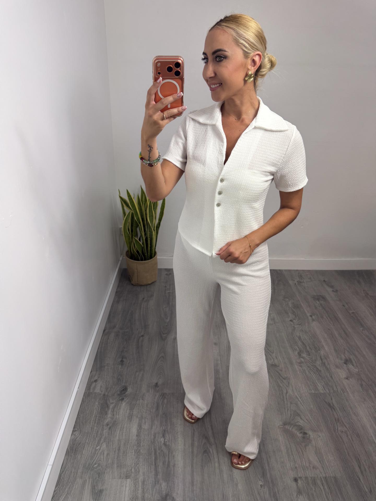Conjunto Maldiva Mujer Camisa y Pantalón Texturizado Blanco