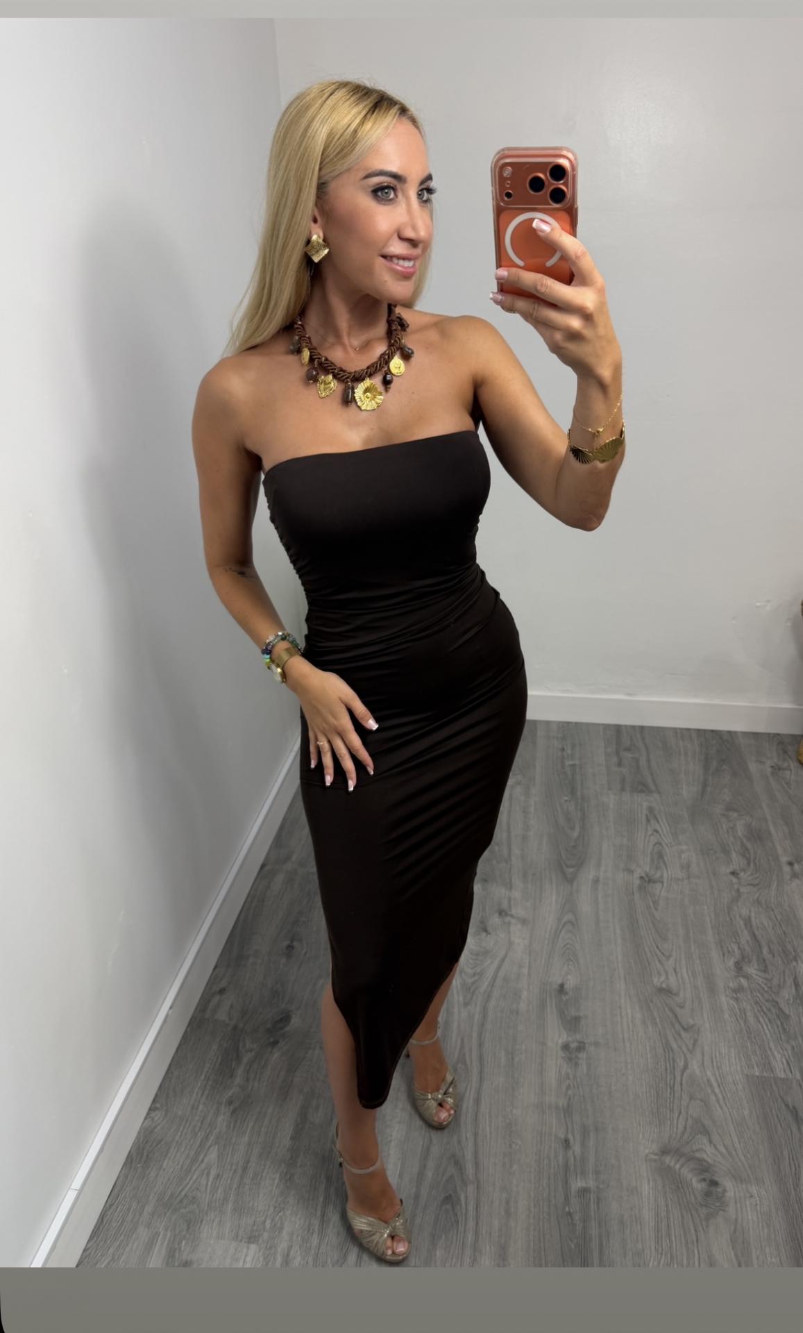 Vestido Mónaco Palabra de Honor Midi Marrón