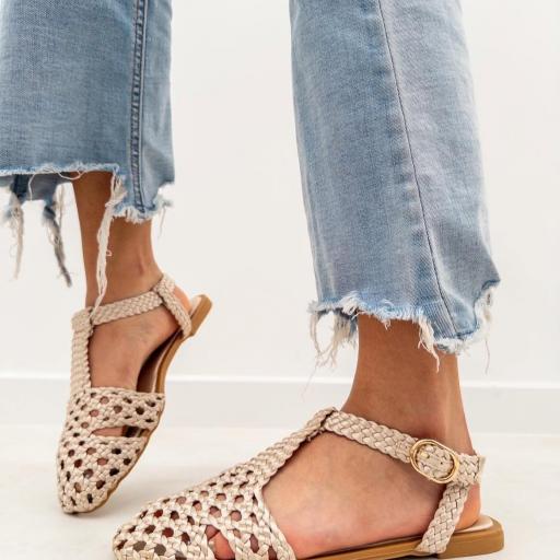 Sandalia Plana de Mujer , Diseño Trenzado Chic Beige