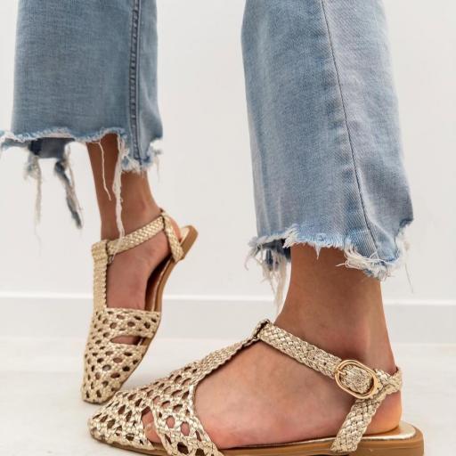 Sandalia Plana de Mujer , Diseño Trenzado Chic Oro 