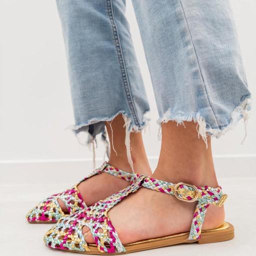 Sandalia Plana de Mujer , Diseño Trenzado Chic Multi