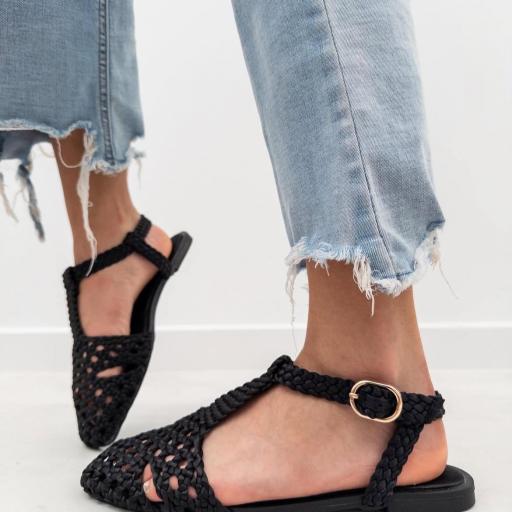 Sandalia Plana de Mujer , Diseño Trenzado Chic Negro