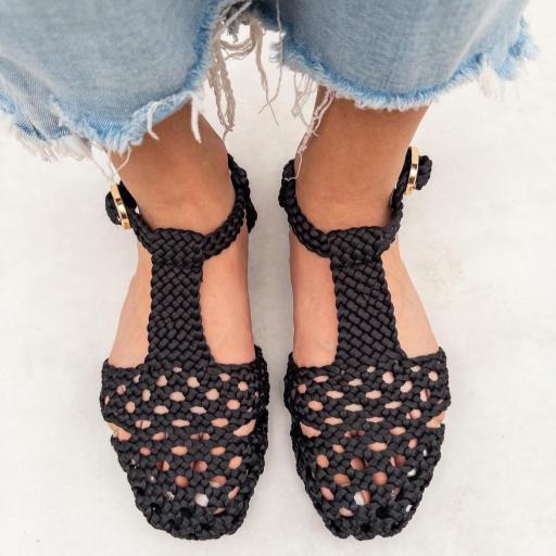 Sandalia Plana de Mujer , Diseño Trenzado Chic Negro [0]