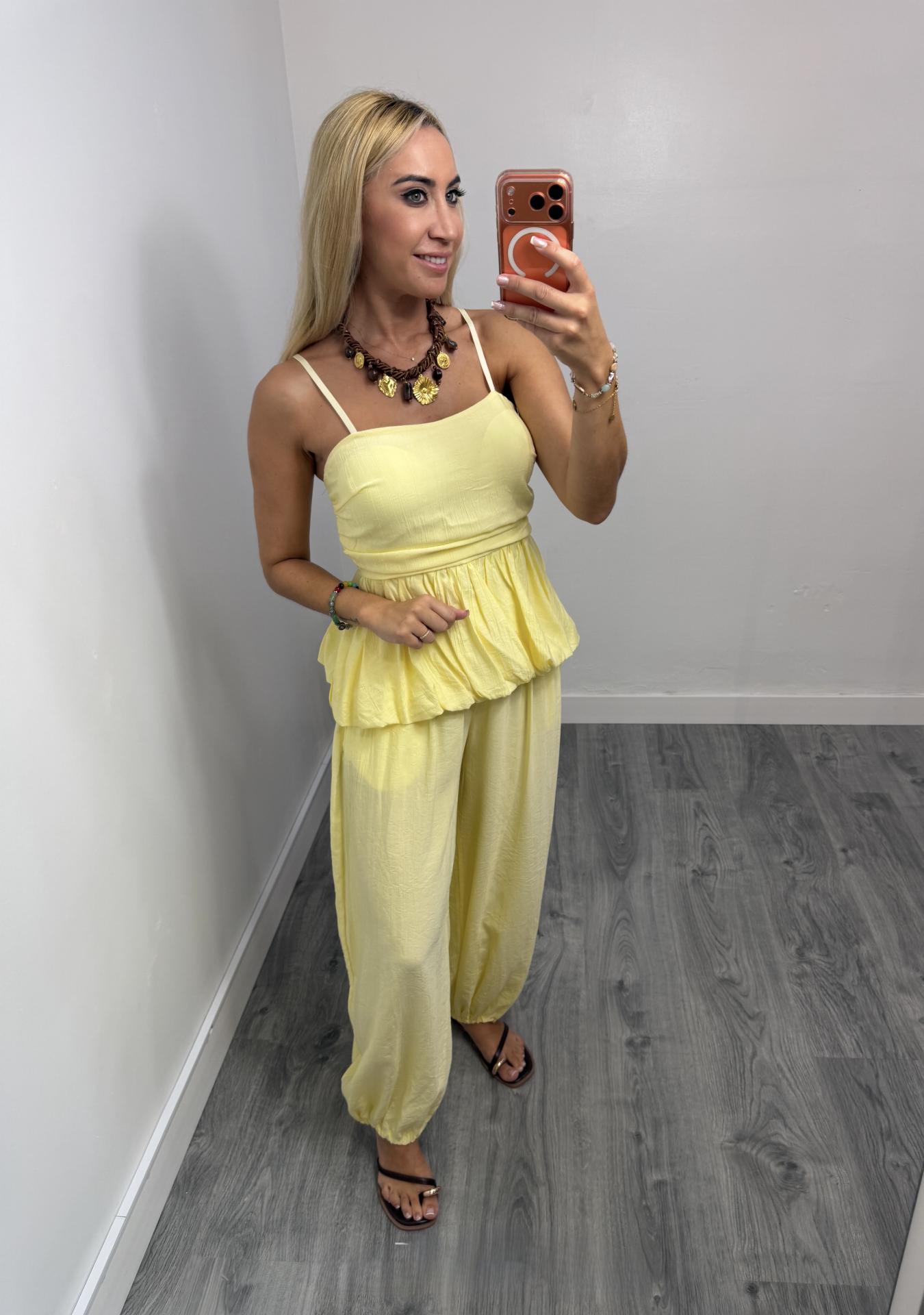 Conjunto Candela Mujer | Top de Tirantes y Pantalón Fluido Amarillo