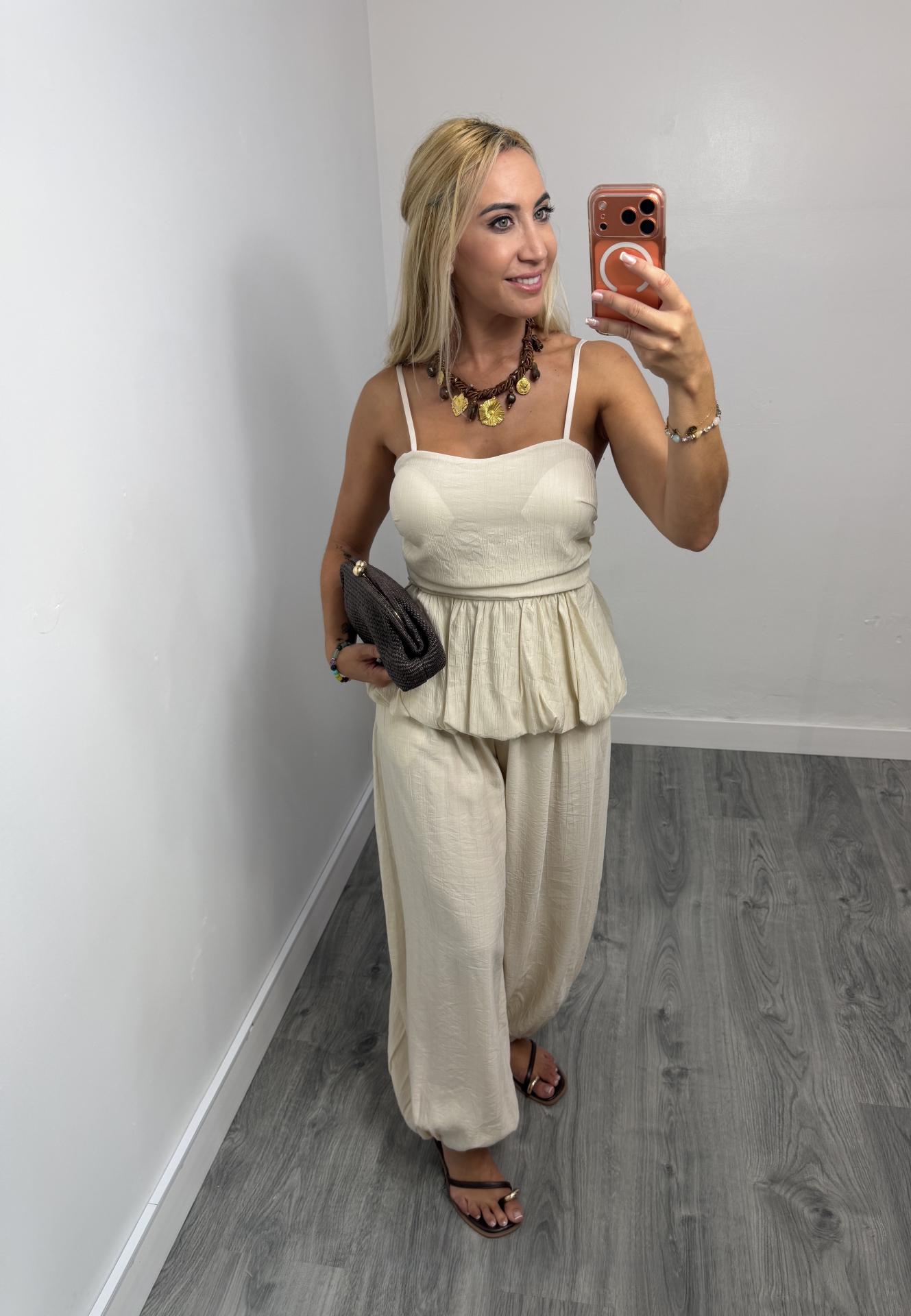 Conjunto Candela Mujer | Top de Tirantes y Pantalón Fluido Beige