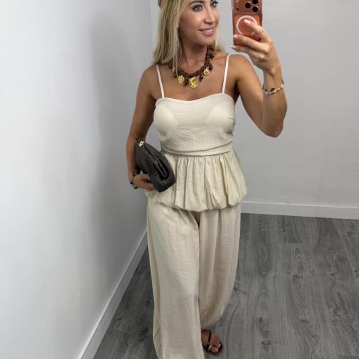 Conjunto Candela Mujer | Top de Tirantes y Pantalón Fluido Beige
