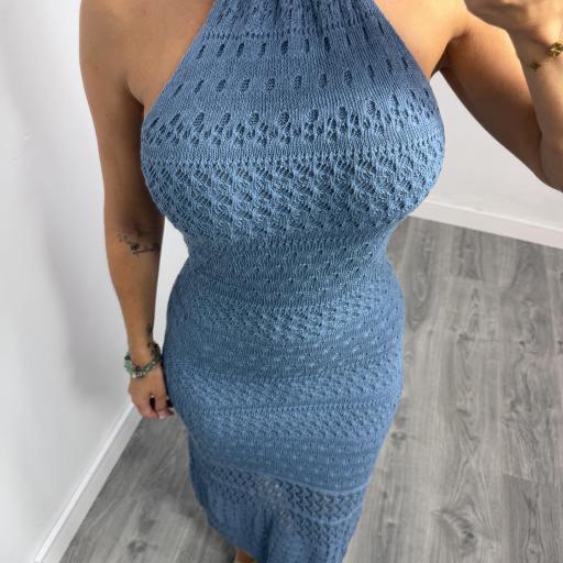 Vestido Salma de Punto Halter Azul con Espalda Descubierta para Mujer [1]