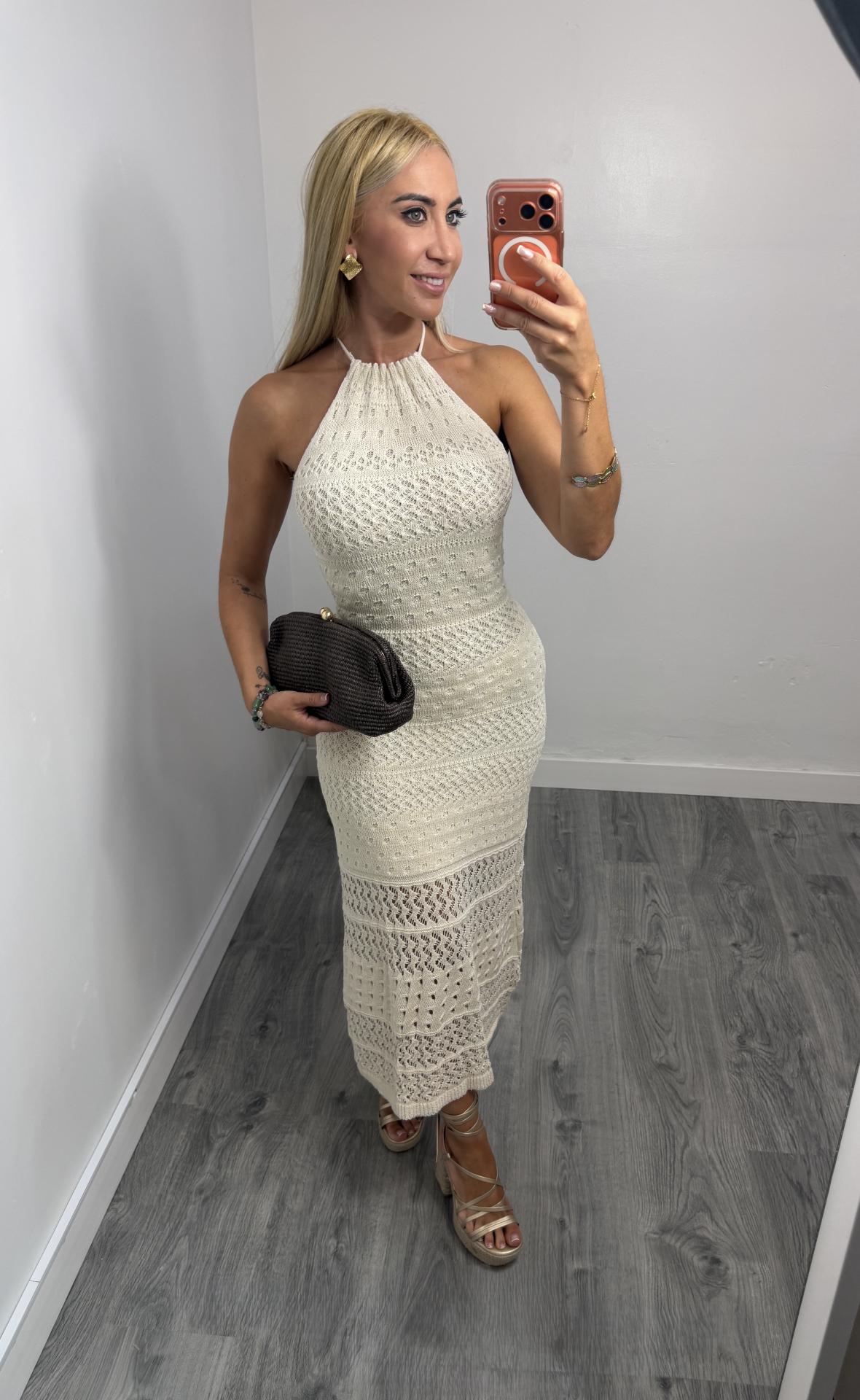 Vestido Salma de Punto Halter Beige con Espalda Descubierta para Mujer