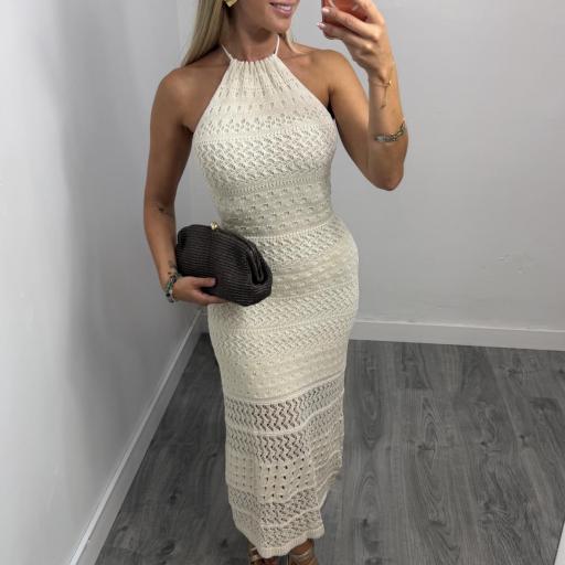 Vestido Salma de Punto Halter Beige con Espalda Descubierta para Mujer [0]