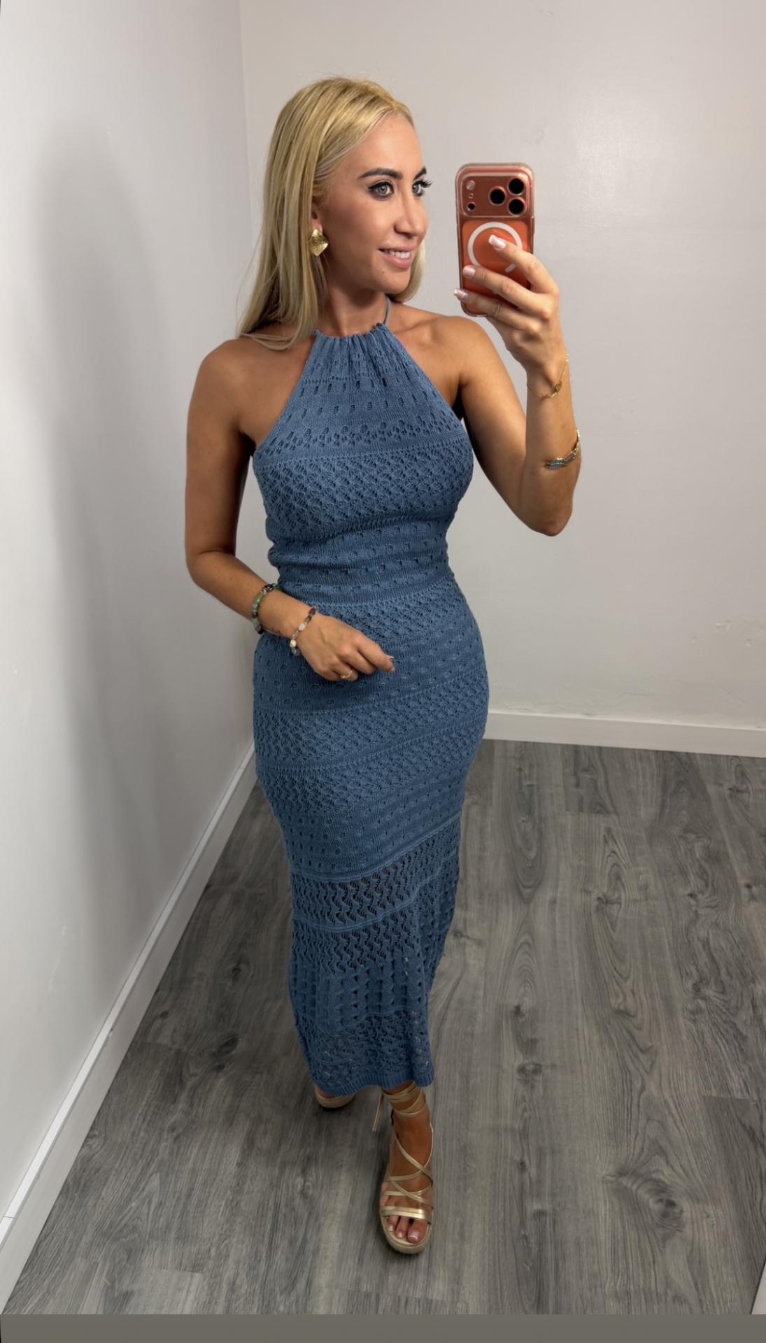 Vestido Salma de Punto Halter Azul con Espalda Descubierta para Mujer