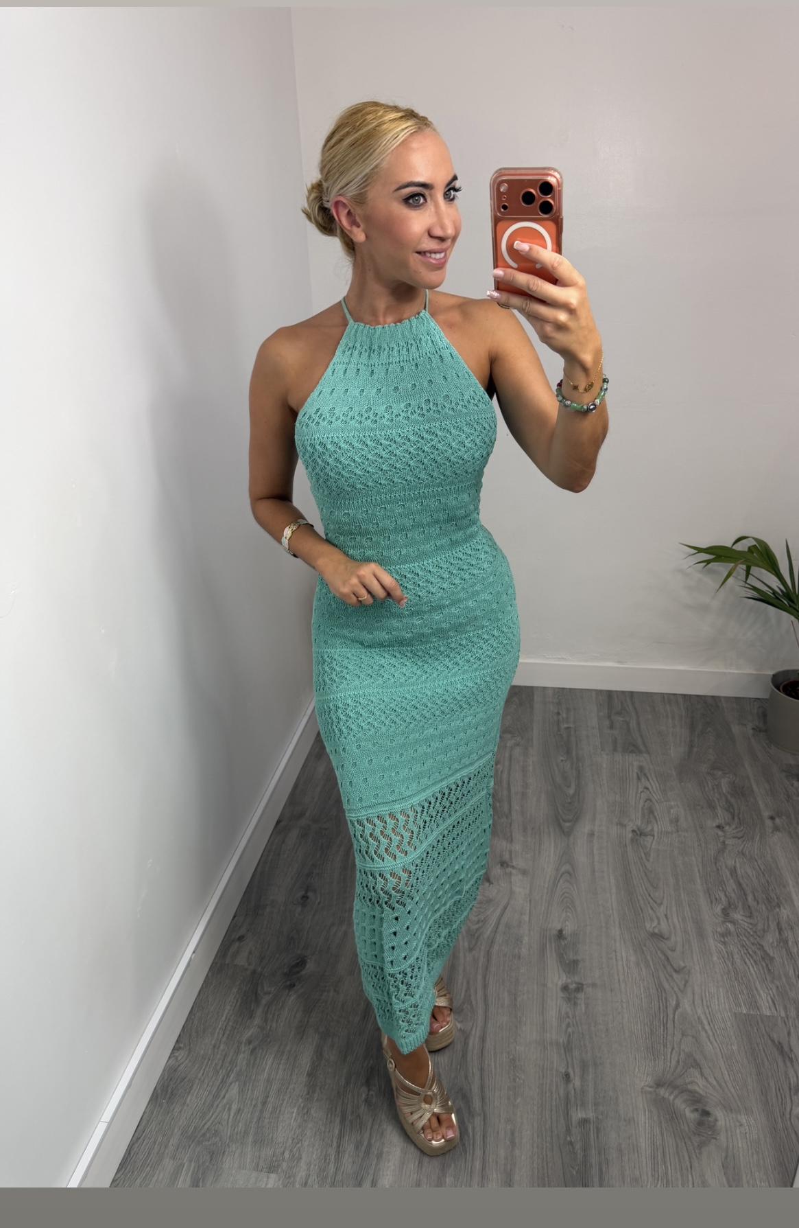Vestido Salma de Punto Halter Agua Marina con Espalda Descubierta para Mujer