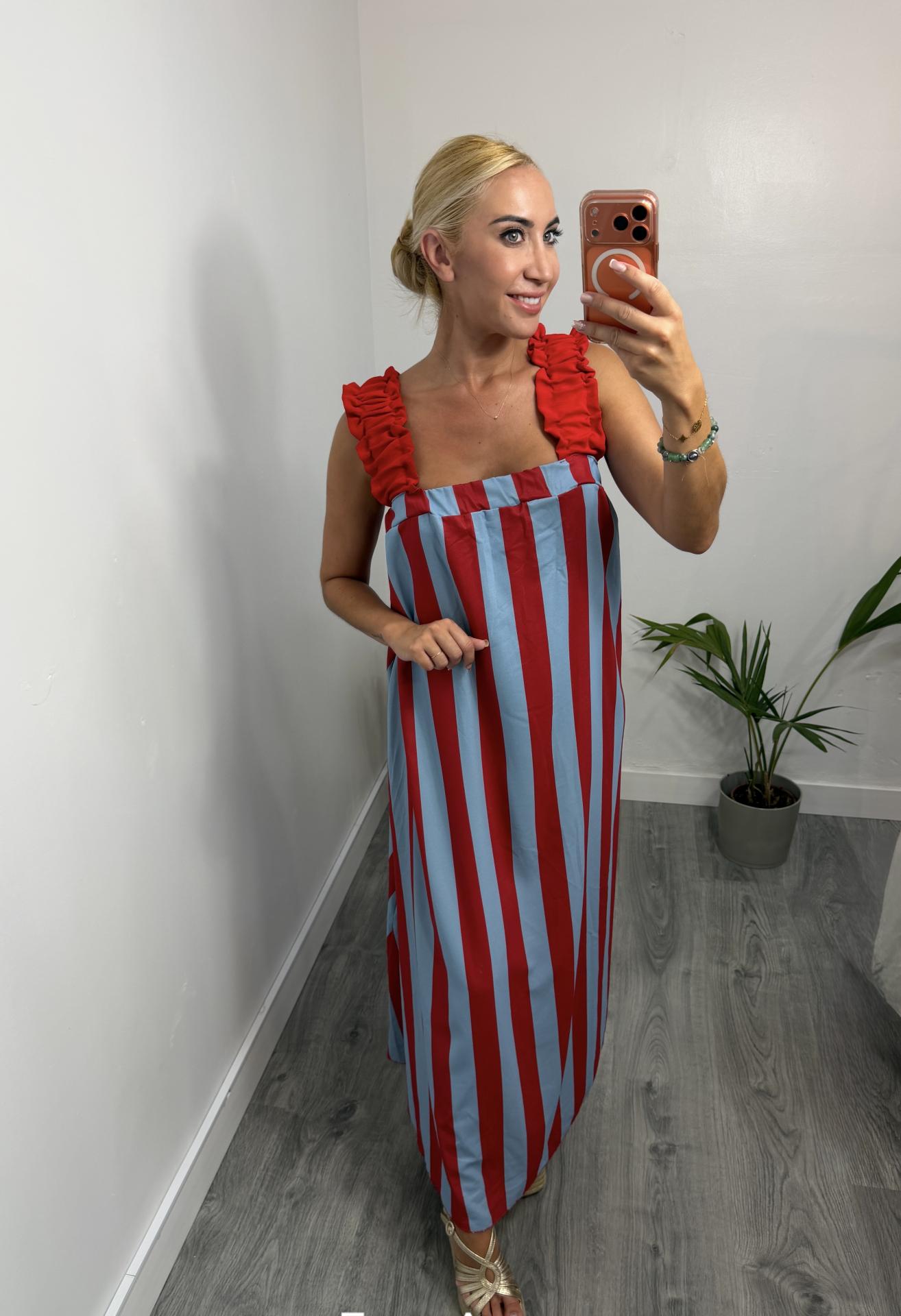 Vestido Matilda Largo de Rayas con Espalda Abierta y Lazo – Vestido Verano Mujer Azul