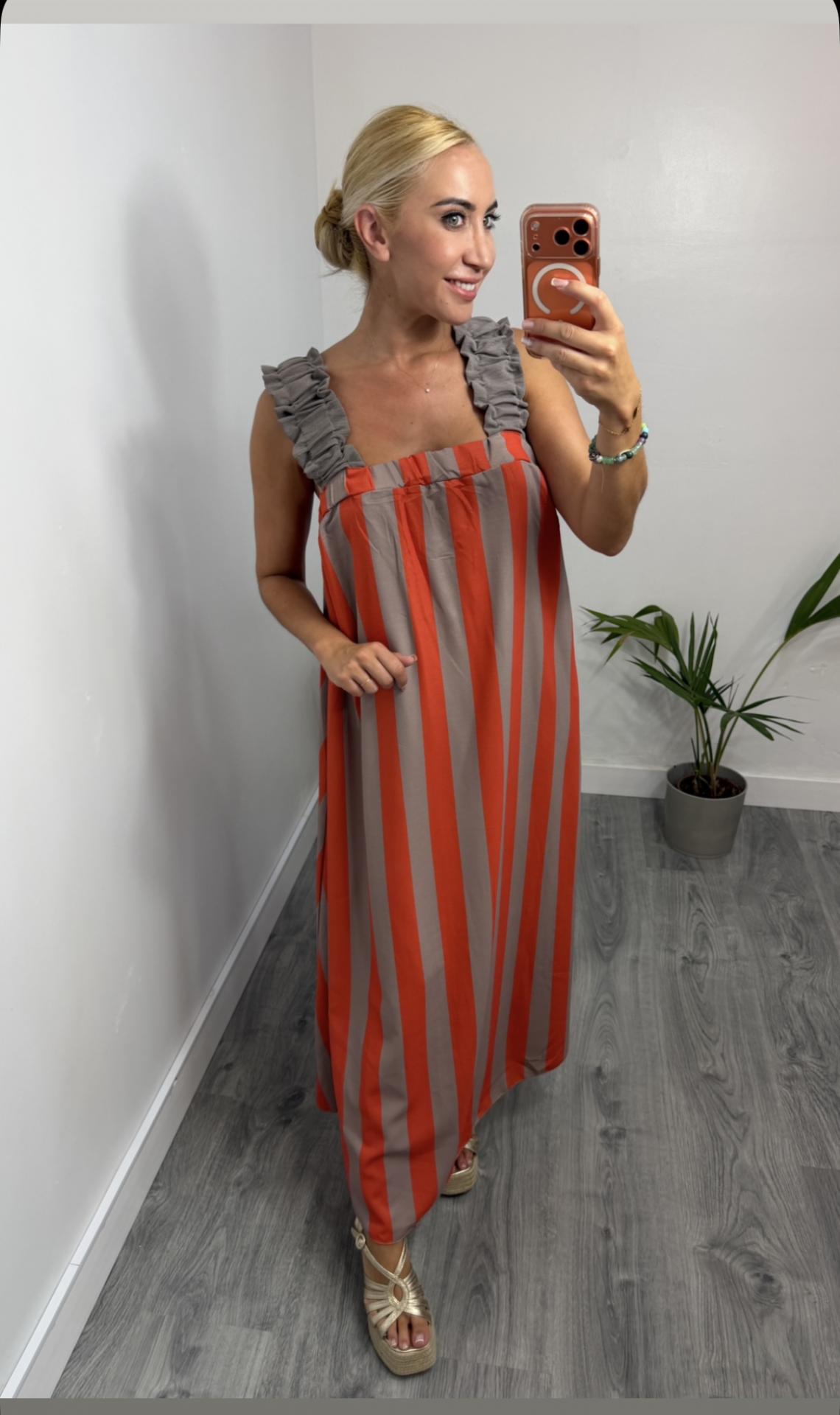 Vestido Matilda Largo de Rayas con Espalda Abierta y Lazo – Vestido Verano Mujer Taupe