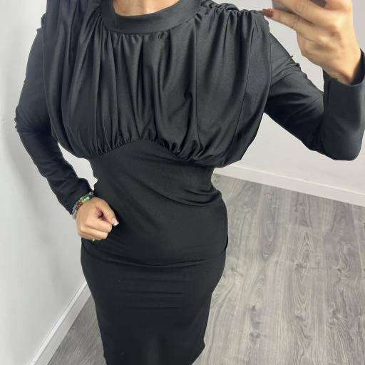 Vestido  Mujer Midi Elegante con Fruncido Frontal Varela negro [2]