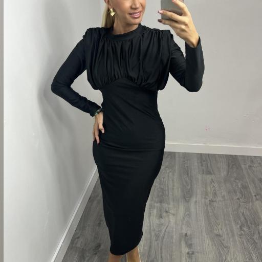 Vestido  Mujer Midi Elegante con Fruncido Frontal Varela negro
