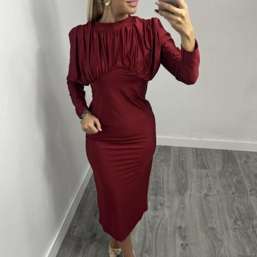 Vestido Midi  Elegante con Fruncido Fronta burdeos