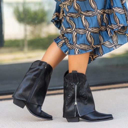 Botas de Tacón para Mujer, Estilo Cowboy Polaina, Negro piel [2]