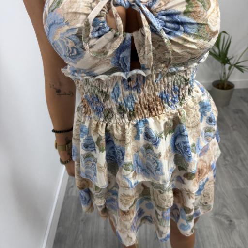 Vestido Brandi Floral Palabra de Honor con Volantes – Estampado Azul [1]