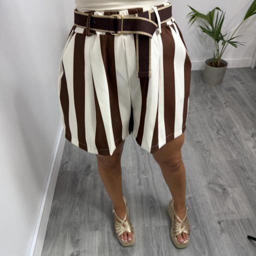Pantalón Corto de Rayas Marrón y Beige con Cinturón  [1]