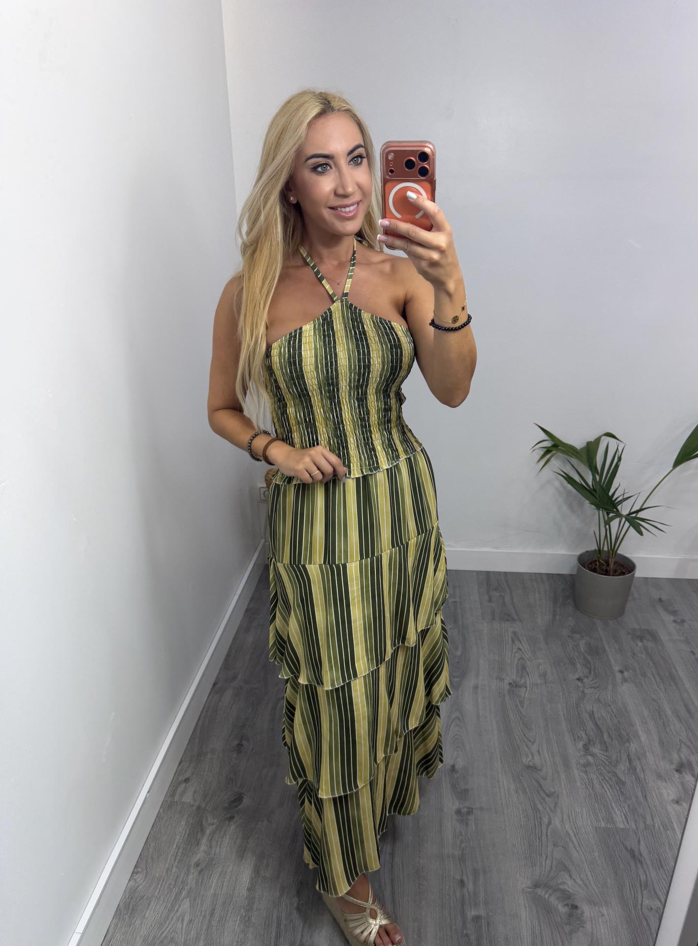 Vestido Mujer Largo Halter de Volantes Rayas – Lora Verde