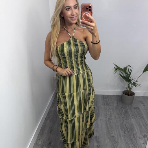 Vestido Mujer Largo Halter de Volantes Rayas – Lora Verde [0]