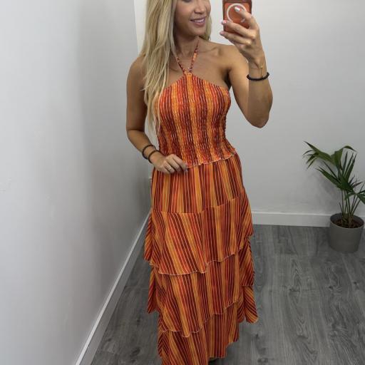 Vestido Mujer Largo Halter de Volantes Rayas – Lora Naranja  [0]