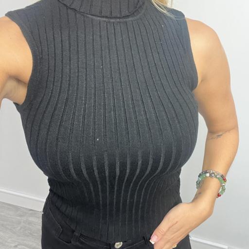 Jersey de punto canalé sin mangas cuello alto Negro [1]