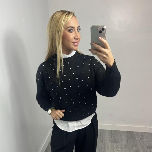 Jersey de punto suave para mujer con detalles brillantes Negro