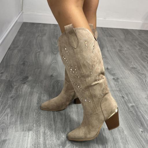 Botas Cowboy Beige con Brillantes 