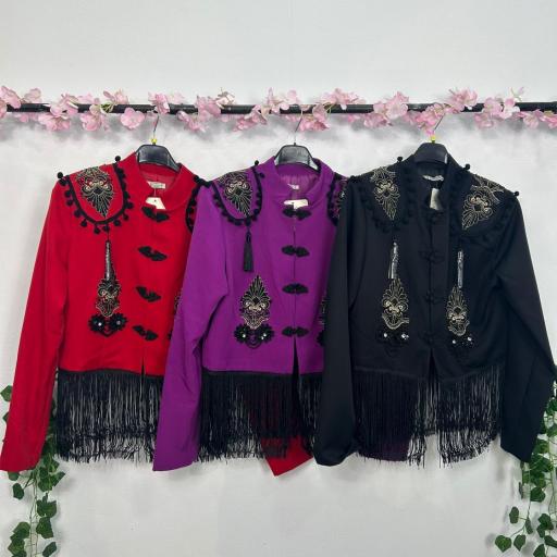 Chaqueta Torera Negra Bordada con Flecos para Mujer [3]
