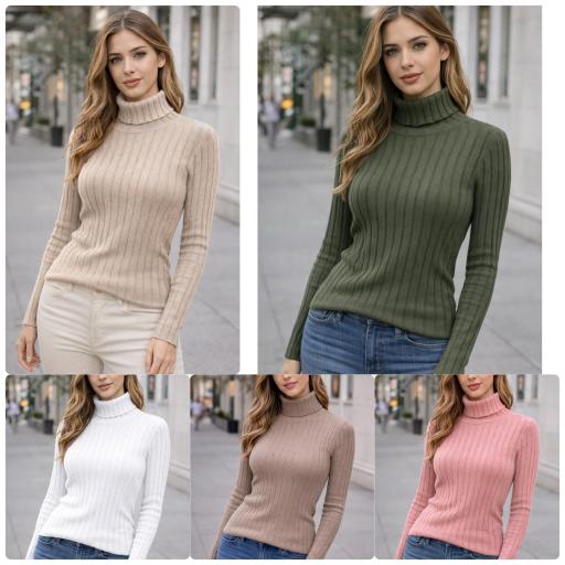 Jersey Beige Elegante Punto Canalé con Cuello Alto [1]