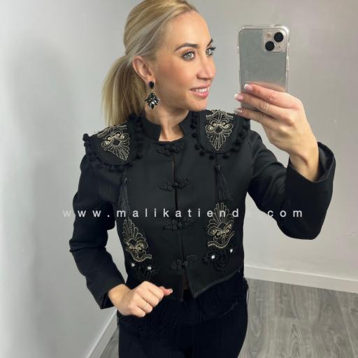 Chaqueta Torera Negra Bordada con Flecos para Mujer [0]